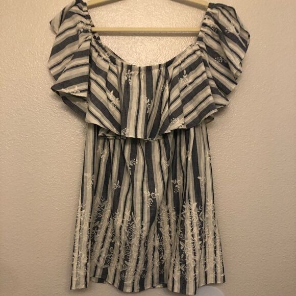 MISA Los Angeles Off Shoulder romantic embroidered stripe Cotton Dress coastal M - Picture 4 of 16